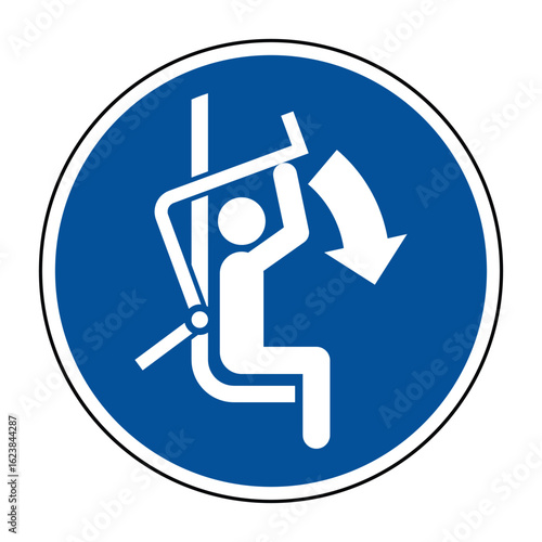 Close Safety Bar of Chairlift Sign  Ski Lift Safety Symbol for Fall Prevention, Rider Protection & Mountain Transport Compliance