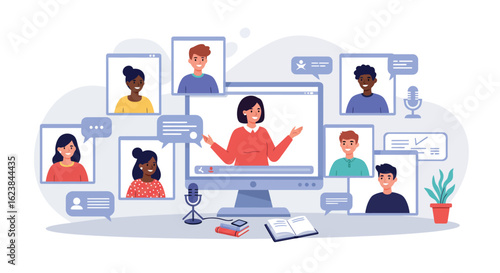 Virtual meeting with diverse team in modern video conference call