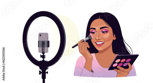 Digital content creator applying makeup with ring light and smartphone