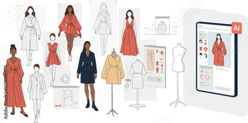 Fashion design process with ai integration and diverse models in flat style