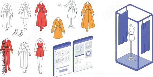 Fashion design and virtual fitting room concepts in modern isometric style