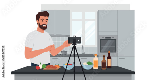 Content creator cooking in modern kitchen with smartphone recording set up