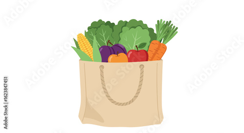 Eco-friendly shopping bag with fresh vegetables and fruits on white background