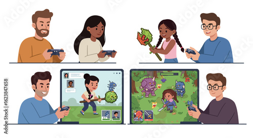 Friends enjoying online gaming together with fantasy adventure scenes on screens