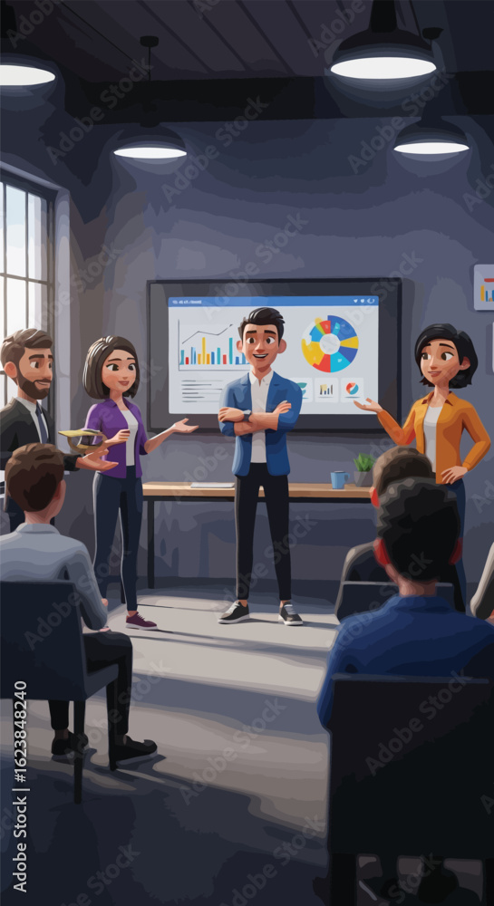 Obraz premium Team presenting business strategy with charts in modern office