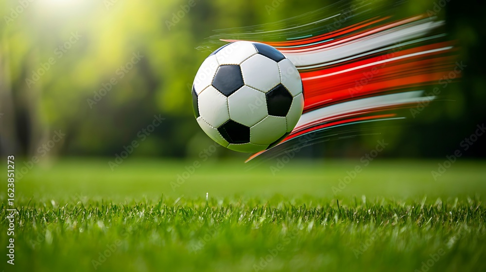 Obraz premium Fast soccer ball flying on green field with motion trails