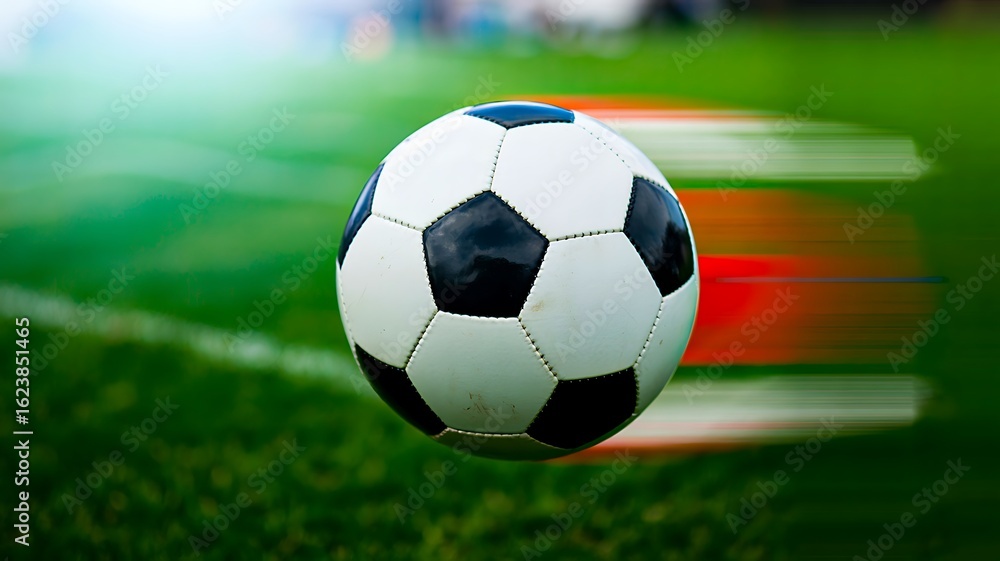 Fototapeta premium Classic soccer ball in motion on green football field