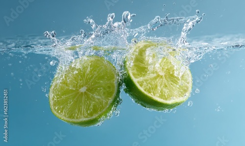 Two lime halves splash into clear water against a light blue background, creating a vibrant, refreshing image with water droplets and air bubbles