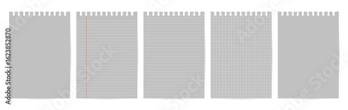 Set of gray notebook pages with top punch holes and clean white lines. Includes lined, grid, dot, margin, and plain pages. Ideal for planning, note-taking, or printable journal layouts.