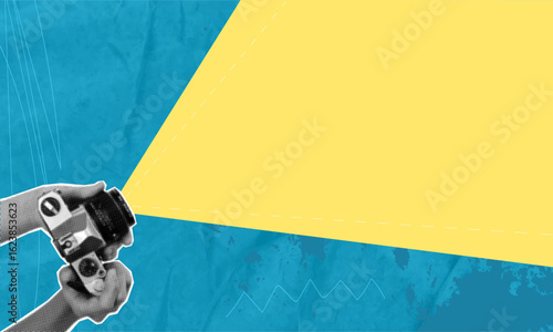 Trendy halftone collage in pop art style. Photo camera with yellow beam of light. Shooting concept. Copy space for advertising.