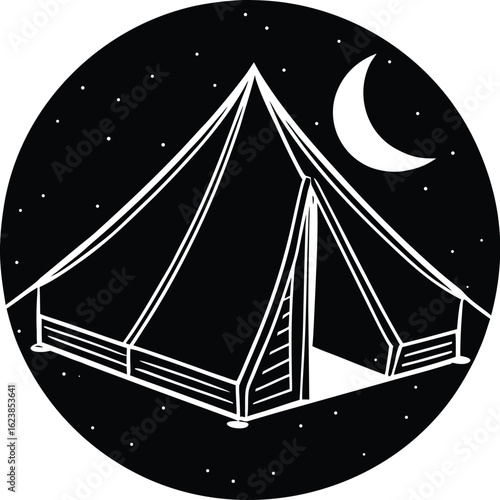 Vector art of black and white illustration of a bell tent with an open entrance under a starry night sky with a crescent moon, representing camping and outdoor living