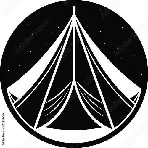 Vector art of circular black and white graphic of a bell tent under a starry night sky, symbolizing outdoor adventure and camping