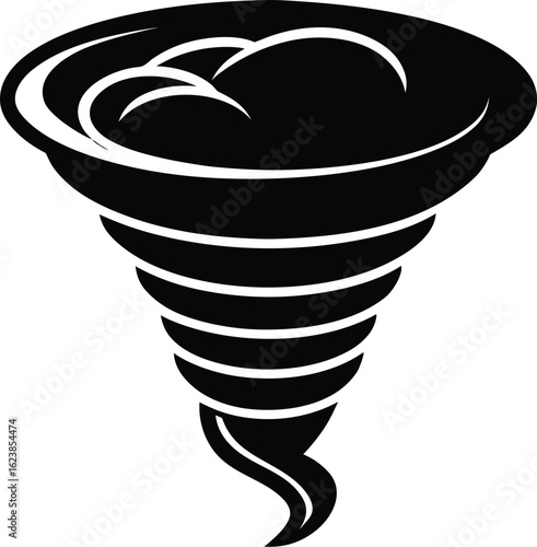 Vector art of stylized black and white tornado icon with swirling bands, symbolizing powerful weather and natural forces