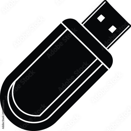 Vector art of black usb flash drive for data storage and transfer, isolated on white background, symbolizing technology and digital information