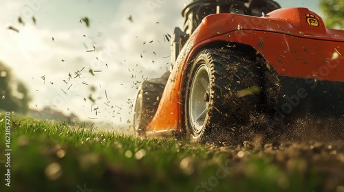 A dynamic shot of a mower in action with grass clippings flying in a cozy setting
