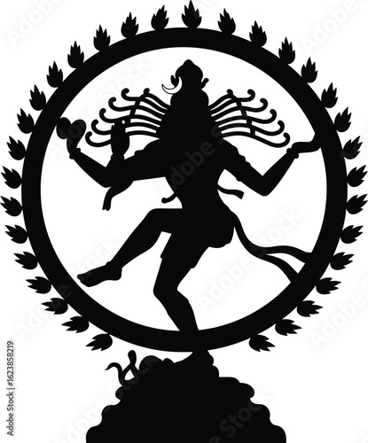 A stylized black silhouette of Shiva Nataraja, the Hindu god of dance, performing his cosmic dance within a circular frame.