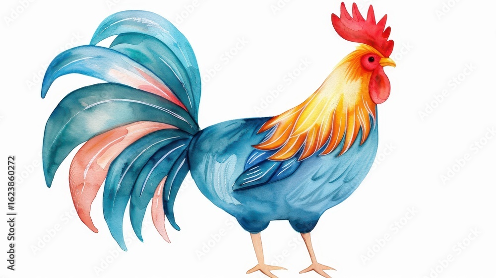 Fototapeta premium A vibrant watercolor of a rooster stands out, symbolizing the Chinese Zodiacs essence with elegance and charm.