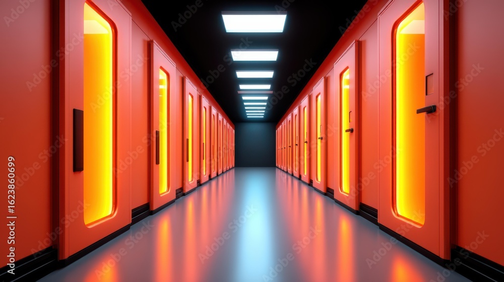 Fototapeta premium A vibrant data storage server room, illuminated with an orange glow, showcases cuttingedge tech for global network connections.