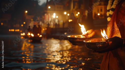 A dynamic shot of evening Aarti being performed at the Ganga ghat, with glowing lamps with glowing accents