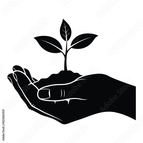 Silhouette black vector hand holding a young plant seedling, symbol of growth and new beginnings isolated on white background