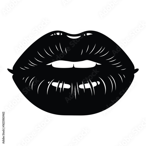 Silhouette black vector black lips with detailed texture, symbol of beauty and sensuality isolated on white background