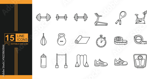 Fitness and Gym Equipment Vector Icons Set in Modern Line Style for Sport and Workout Activities and Healthy Lifestyle Concepts