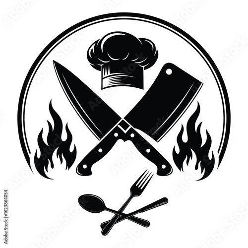 Silhouette black vector chef hat crossed knives and cutlery with flames isolated on white background