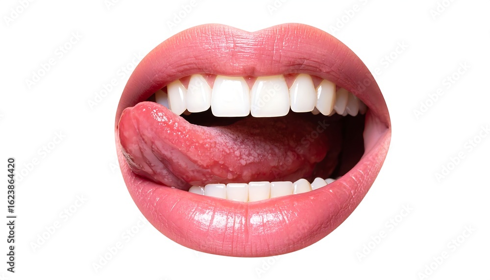 Obraz premium Close-up of a woman's mouth with pink lips and white teeth, tongue sticking out