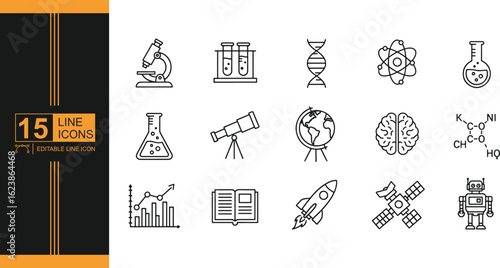 Science and Technology Vector Icons Set for Education Research and Innovation representing a variety of scientific disciplines