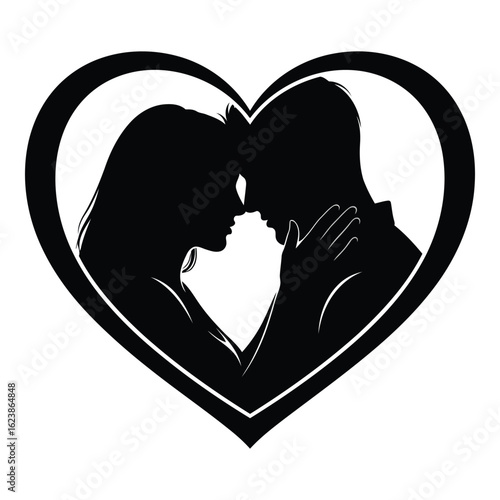 Silhouette black vector silhouette of a loving couple embracing inside a heart, isolated on white background