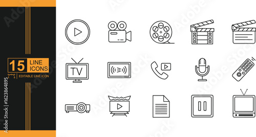 Set of fifteen different icons related to video television and movie creation in minimalistic outline style perfect for user interface design or presentations