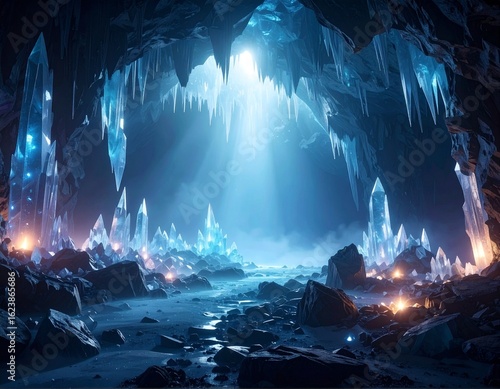 ethereal cave with glowing crystals and fog