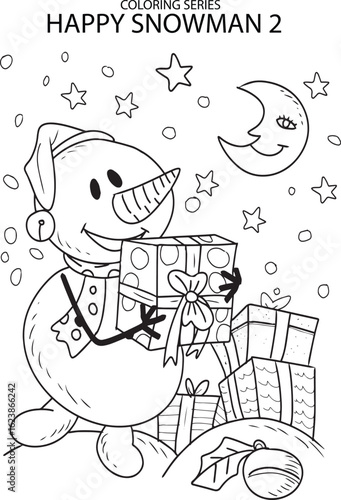 vector line art snowman and xmast gift