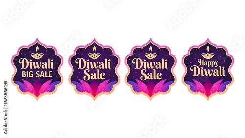 Diwali festival sale labels with glowing diya and decorative festive design