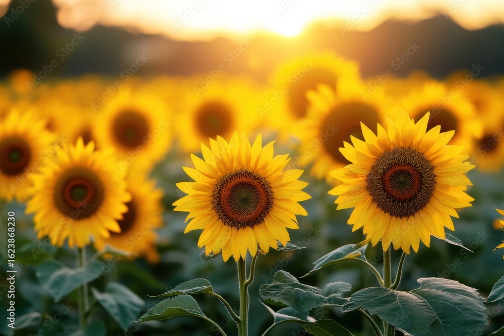 Fototapeta premium Sunflowers in a Field at Sunset Golden Light and Vibrant Yellow Blooms