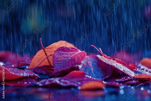 Autumn Leaves in Heavy Rain, Close-up of Wet Foliage with Water Droplets, Seasonal Scene