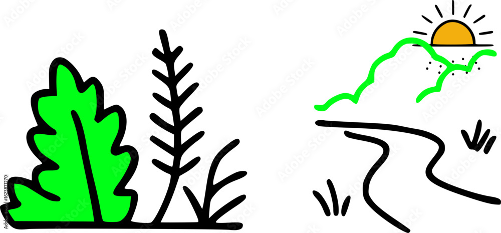 Obraz premium Simple illustration of a sunrise over a winding river, alongside various plants.