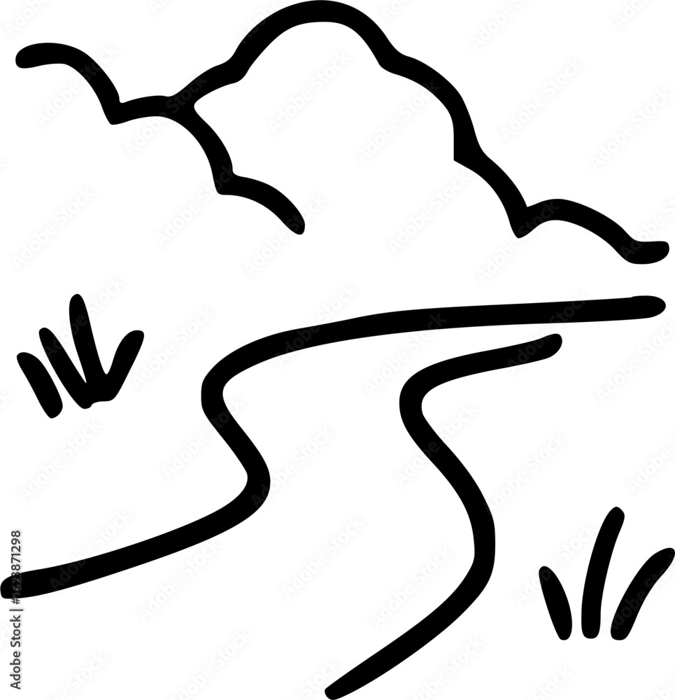 Obraz premium Simple line drawing depicting a winding road or river, grass, and a stylized mountain or cloud formation.