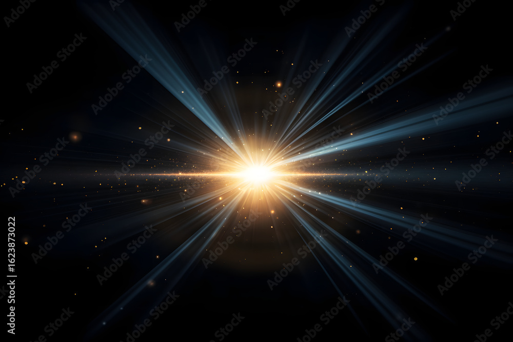 Naklejka premium Bright starburst flare with light rays and dust particles on black background