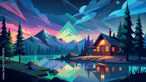 Photo of cozy cabin by a serene lake under a vibrant night sky with aurora and mountain reflections