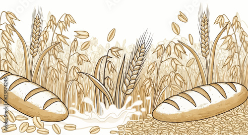 Oat pattern. Oat spikes background. Line cereal drawing. Grain farm sketch in golden color. Vector bread plant art. oat, flake, gold, grain, outline, seed, crop, drawing, drawn, milk, simple
