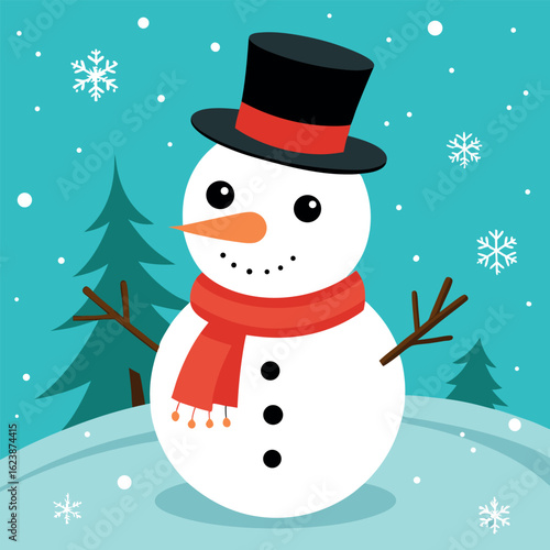 Photo of a cute cartoon snowman wearing a black top hat and red scarf, standing in a snowy landscape with pine trees and snowflakes falling