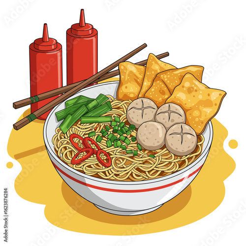 Delicious Asian Noodle Soup with Meatballs, Wontons, and Chili Illustration