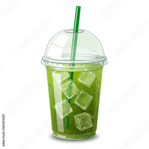 Refreshing Iced Green Tea Drink in a Clear Plastic Cup with Straw and Ice Cubes, Perfect for a Hot Day