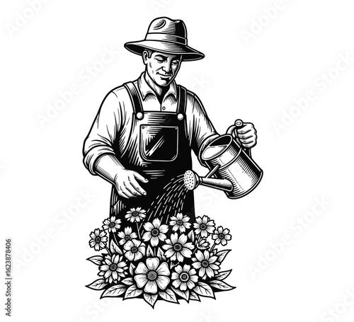 Vintage Farmer Watering Flowers Classic Gardening Illustration for Agricultural and Nature Themes