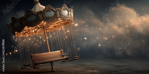 Whimsical vintage carousel with empty bench and glowing lights in magical night scene.