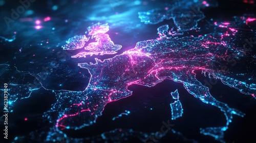 A futuristic digital outline of France illuminated with neon colors against a dark background with glowing accents