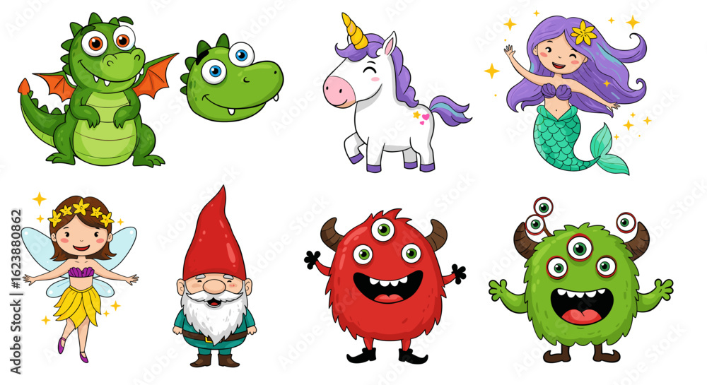 Obraz premium Illustration of cute cartoon characters including a dragon unicorn mermaid fairy gnome and monsters design