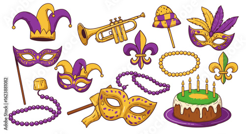 A festive mardi gras celebration with masks beads trumpet and cake in vibrant purple and gold colors