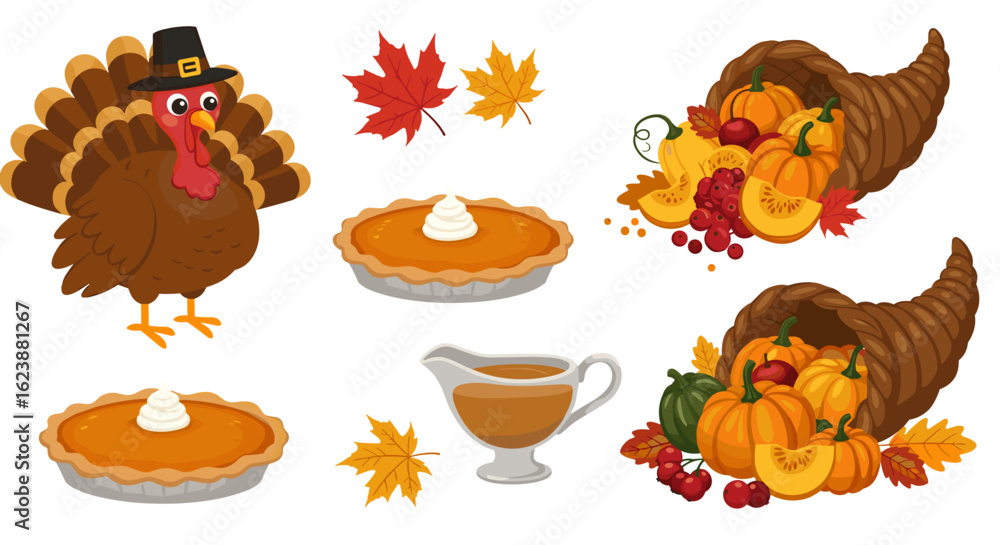 Fototapeta premium Illustration of thanksgiving elements including turkey pies cornucopias gravy and autumn leaves holiday theme